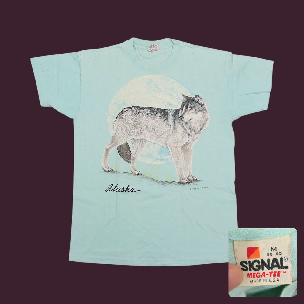 Vintage 1988 Alaska Wolf Moon Graphic Tee Single Stitch Cyan Blue Size M